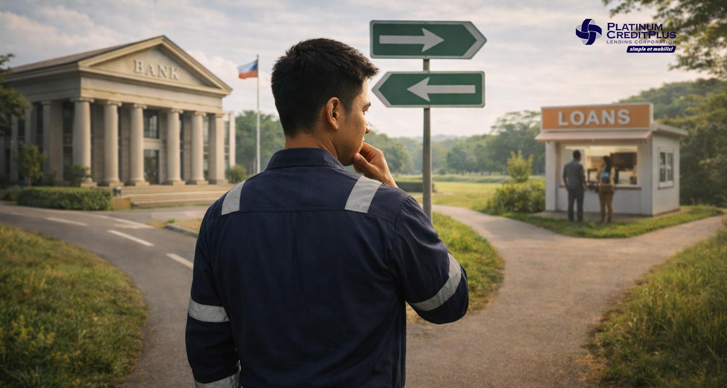 Filipino seafarer in uniform standing at a crossroads choosing between Seaman Loan vs Personal Loan Philippines options